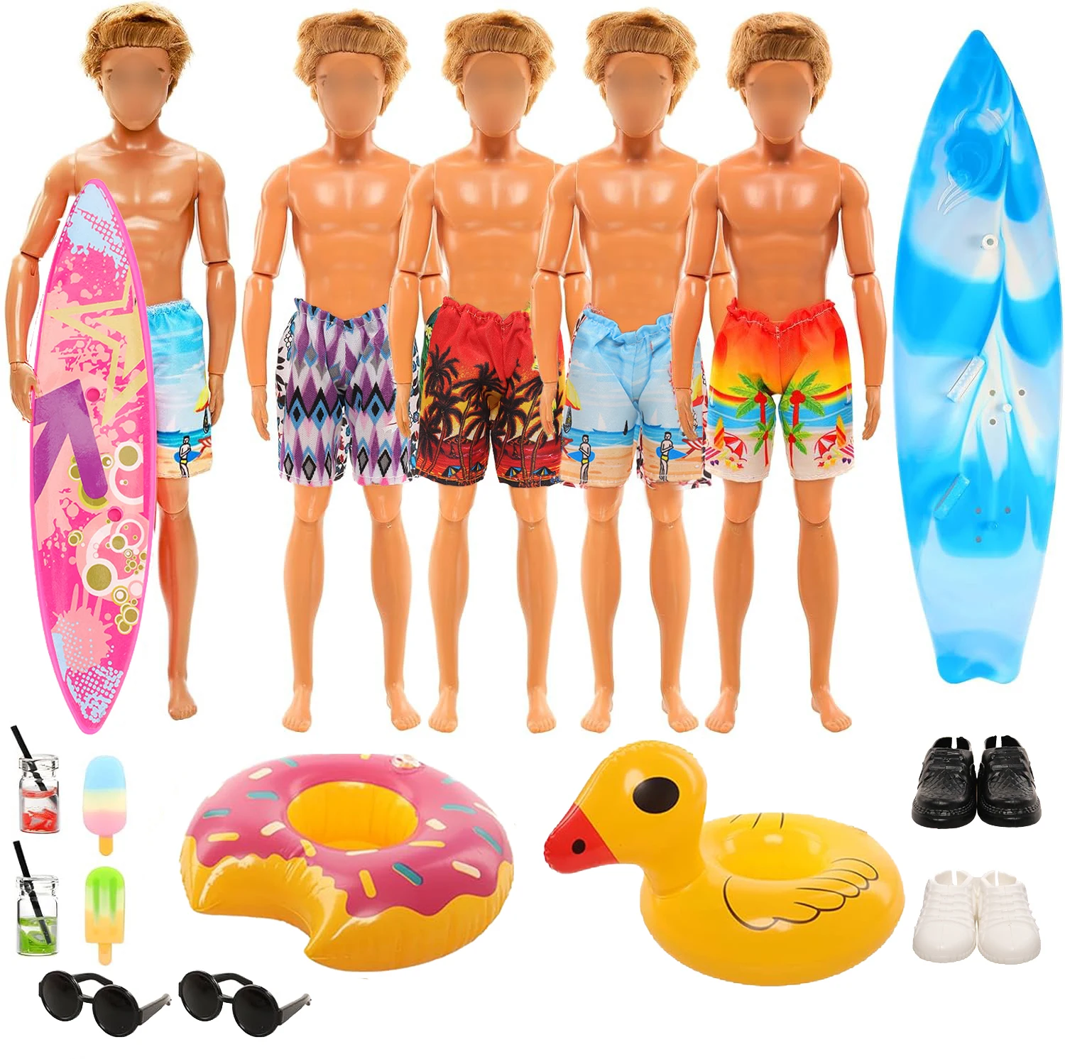 16 PCS Handmade Boy Doll Clothes and Swimming Accessories Playset 4 Beach Shorts Skateboard Swimming Rings Mini Shoes Sun Glass