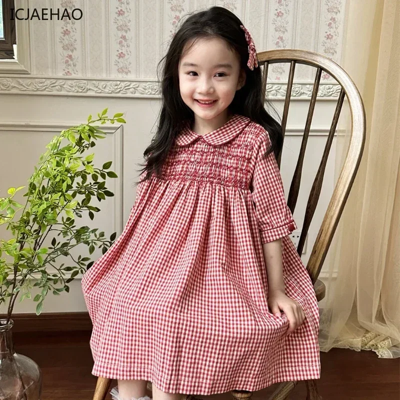 2025 Kids Children Smocked Dresses Girl Vintage Casual Clothes Red Check Princess Costume Handmade Girls Dress Outfits for Eid