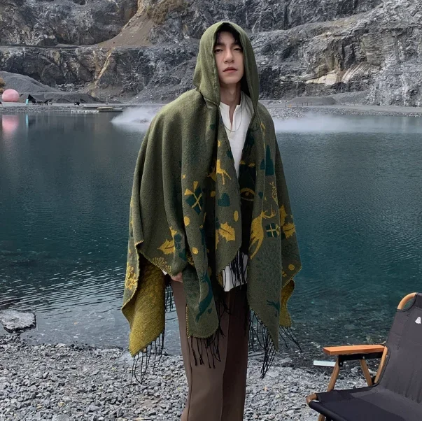 الرجال نمط المعطف الخريف التخييم ملابس السفر الرجال العرقية نمط عباءة وشاح معطف مع مقنعين الرمال واق من المطر الدافئة الرأس P1