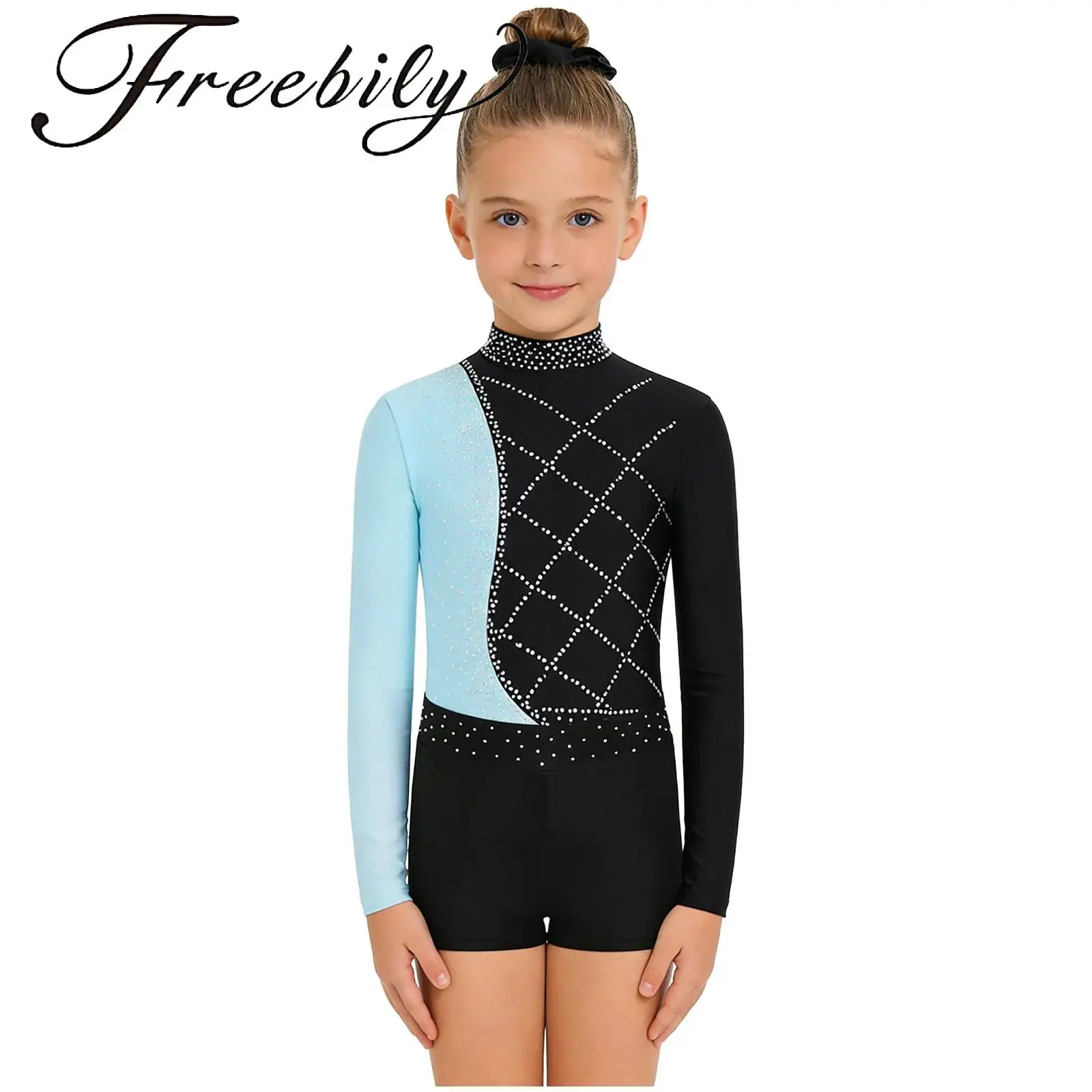 

Kids Girls Figure Skating Outfit Keyhole Back Shiny Rhinestones Color Block Leotard with Shorts And Hairband for Gymnastics