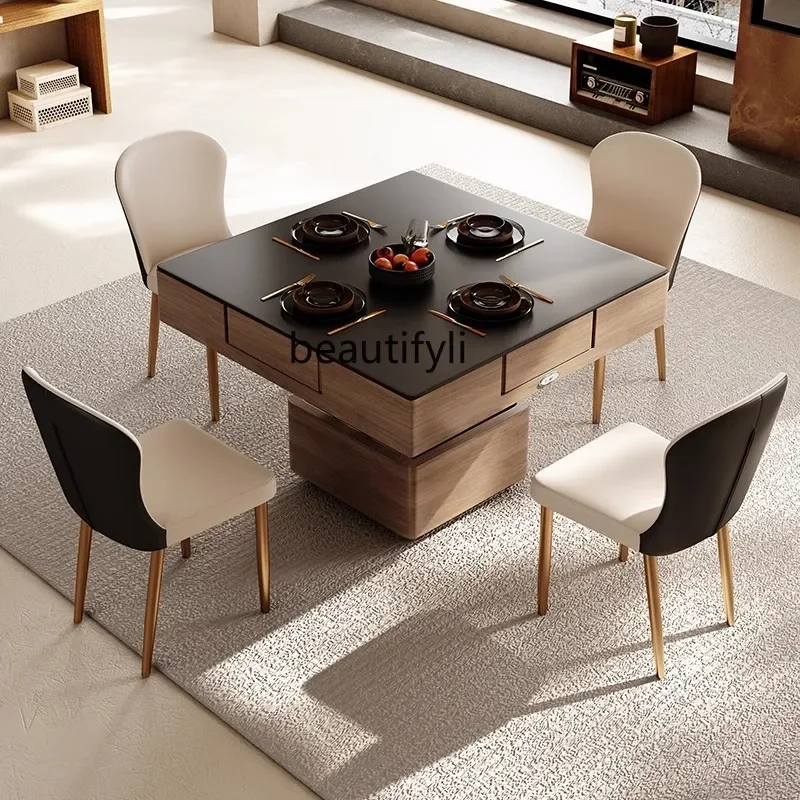 Mahjong table lifting coffee table rock slab dining table integrated dual-purpose household living room small apartment