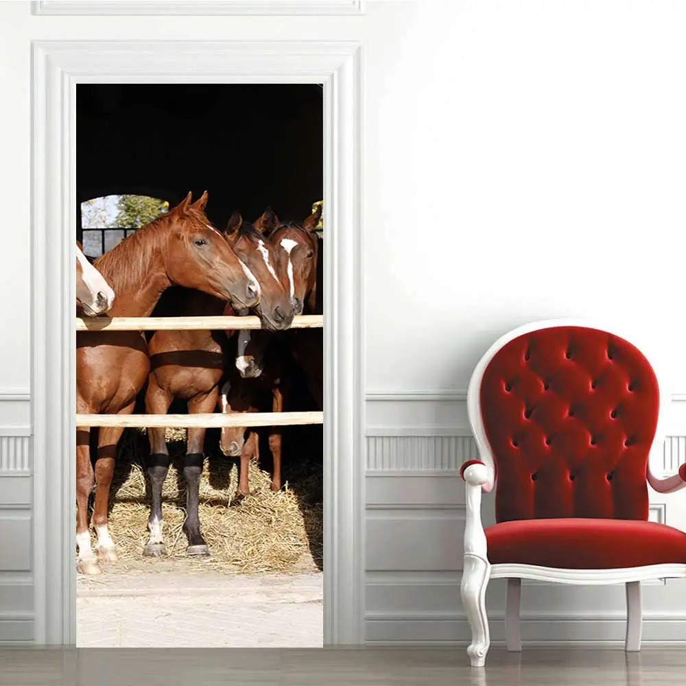 

3D Horse Door Sticker Mural PVC Waterproof Renovation Self-adhesive Bedroom Wall PVC Sticker Home Decoration