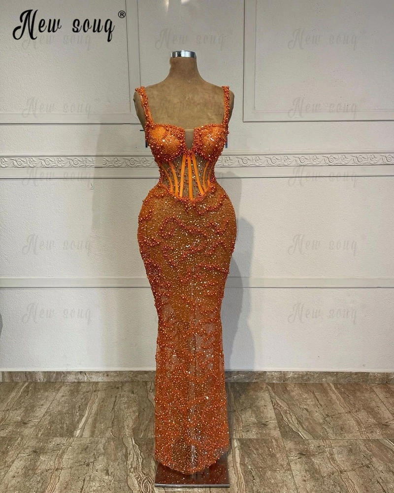 Spaghetti Straps Orange Beaded Party Dress Beautiful Corset Waist Embroidery Night Dinner Gown Women Formal Pageant Outfit Dress