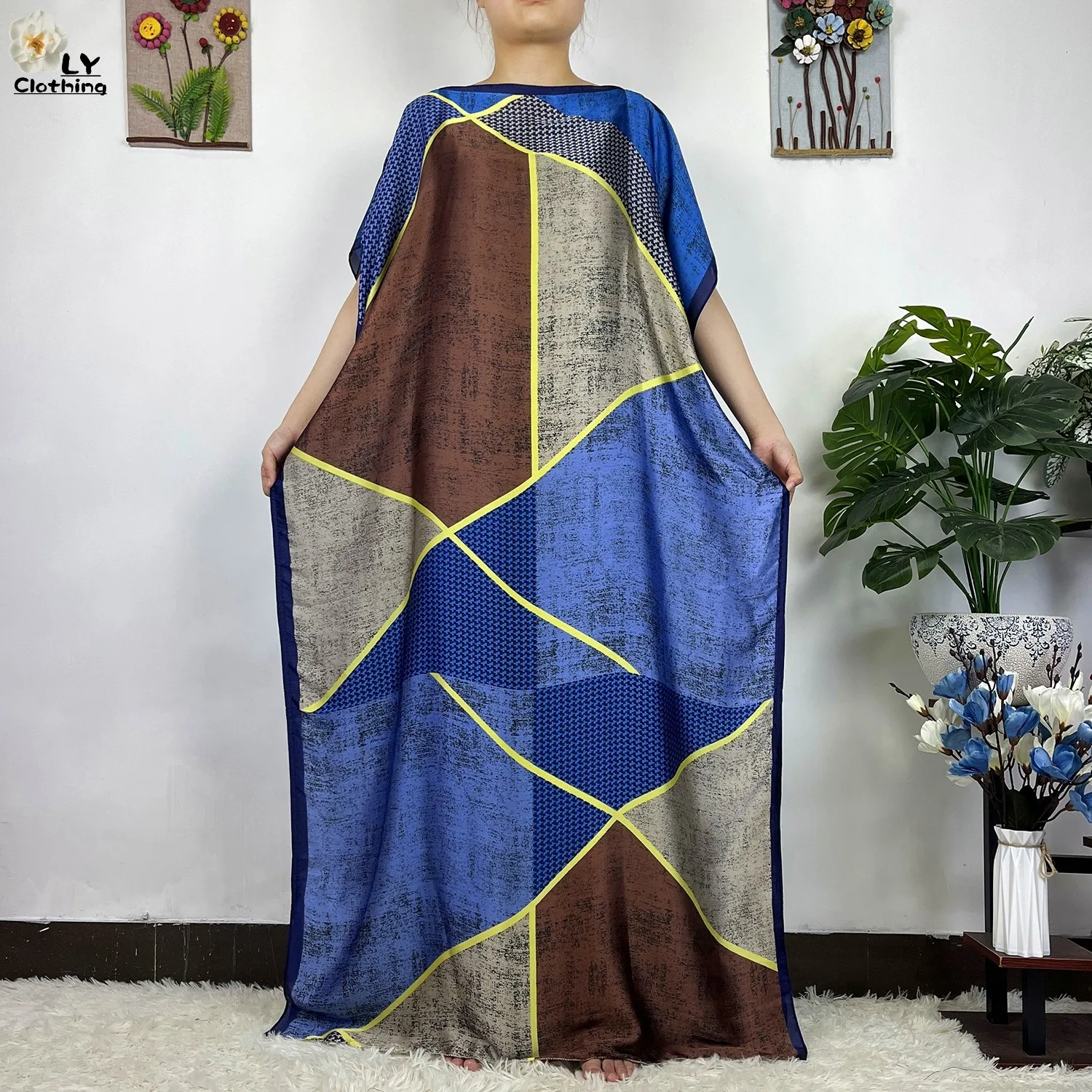 2023 New African Fashion Short Sleeve Colored Pattern Dubai Women Summer Real Silk Soft Printing Loose Tradition Muslim Dress