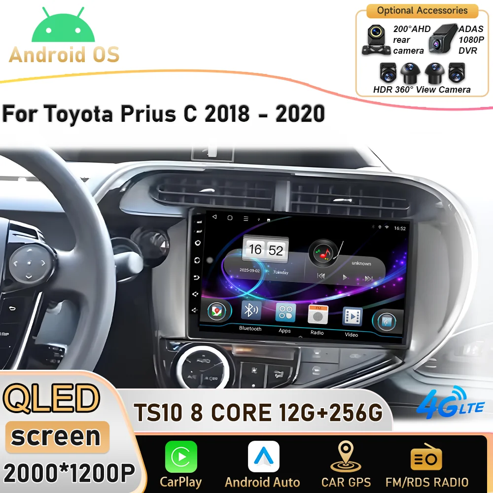 Android 15 2K Incell Screen For Toyota Prius C 2018 2019 2020 Stereo Head Unit GPS Navigation High-performance CPU BT 5G wifi