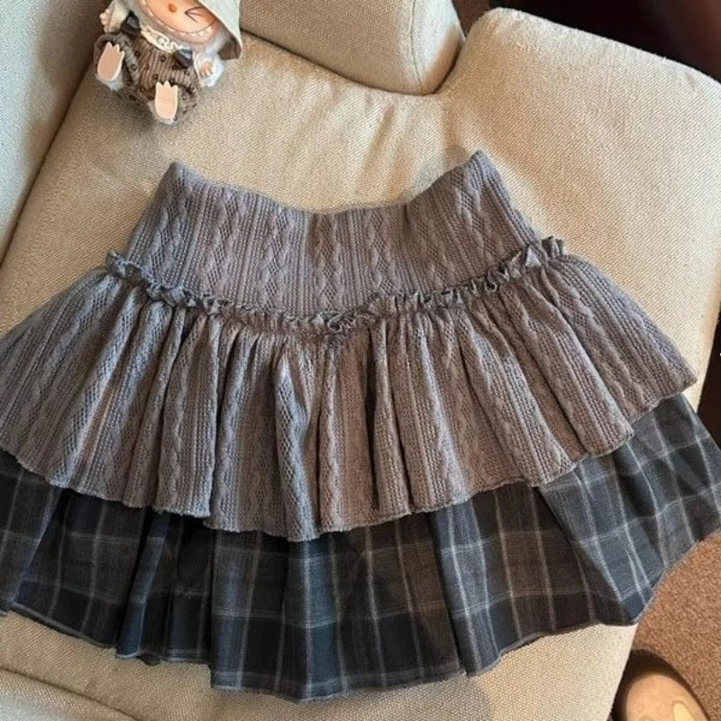 Deeptown Vintage Plaid Skirt Women Harajuku Japanese Sweet Preppy Style Mini Skirt Autumn Winter Patchwork Ruffle Short Skirts:Deeptown Vintage Plaid Skirt Women Harajuku Japanese Sweet Preppy Style Mini Skirt Autumn Winter Patchwork Ruffle Short Skirts: Spódnica w kratę Deeptown Vintage, styl Harajuku, japoński słodki styl preppy, mini spódniczka, jesień-zima, patchwork, falbanki, krótkie spódnice
