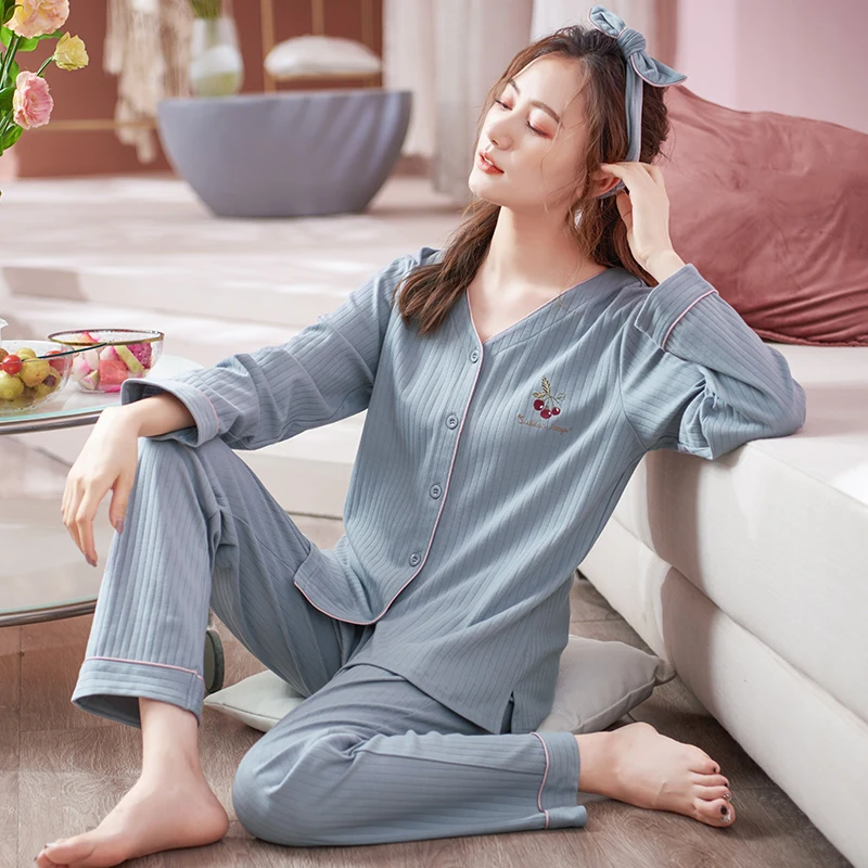 

Spring Summer Long Sleeve Pajama Set Women V Neck Cardigan Pyjama Cotton Shirt Pants Female Homewear Fashion Sleepwear M-XXXL