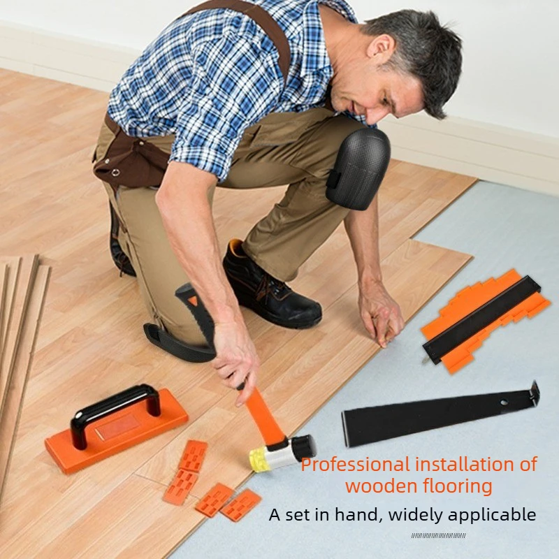 Kit d'outils d'installation de revêtements de sol stratifiés, marteau à double tête, barre de traction, bloc de frappe avec 40 entretoises, ensemble d'accessoires pratiques pour les travaux professionnels de pose de revêtements de sol.