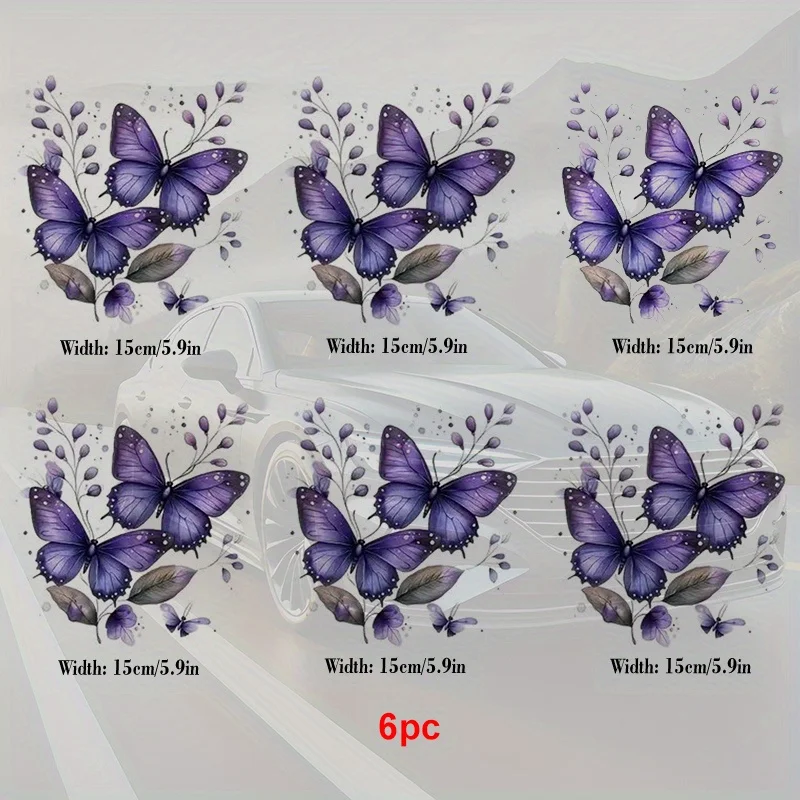 6pcs Purple Butterfly and Flower Creative Car Stickers - High Definition Printing, Easy Peel Off, Suitable for All Models