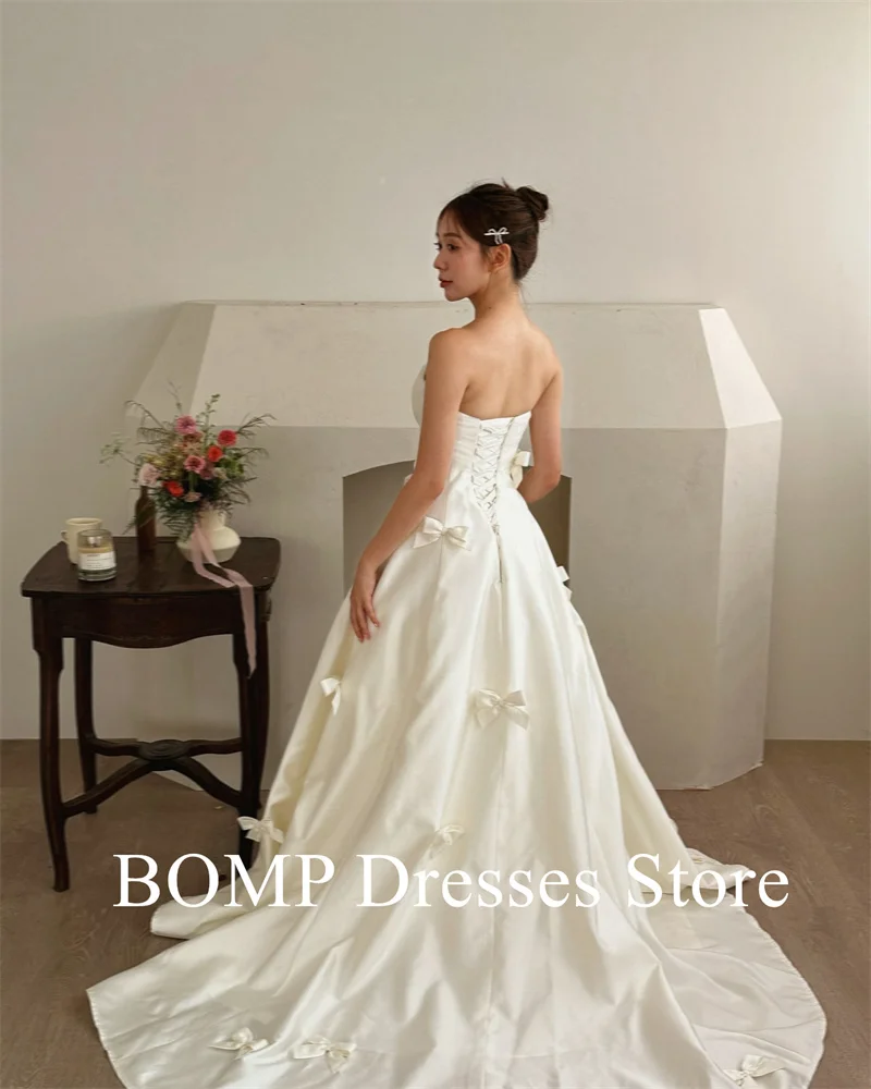 BOMP Elegant A Line Wedding Dresses Korea Photo shoot Strapless Satin Ribbons Bride Gowns Corset Back Princess Customized
