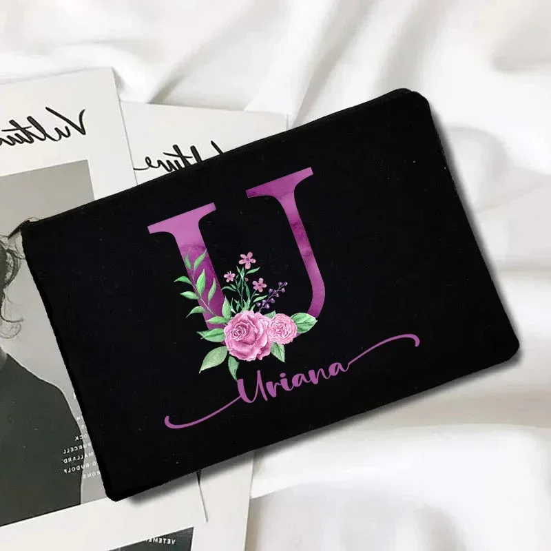 Purple Flower Customized Name Makeup Bag Personalized Bridesmaid Wedding Makeup Box Women Toilet Organizer Wash Wallet Side Bag