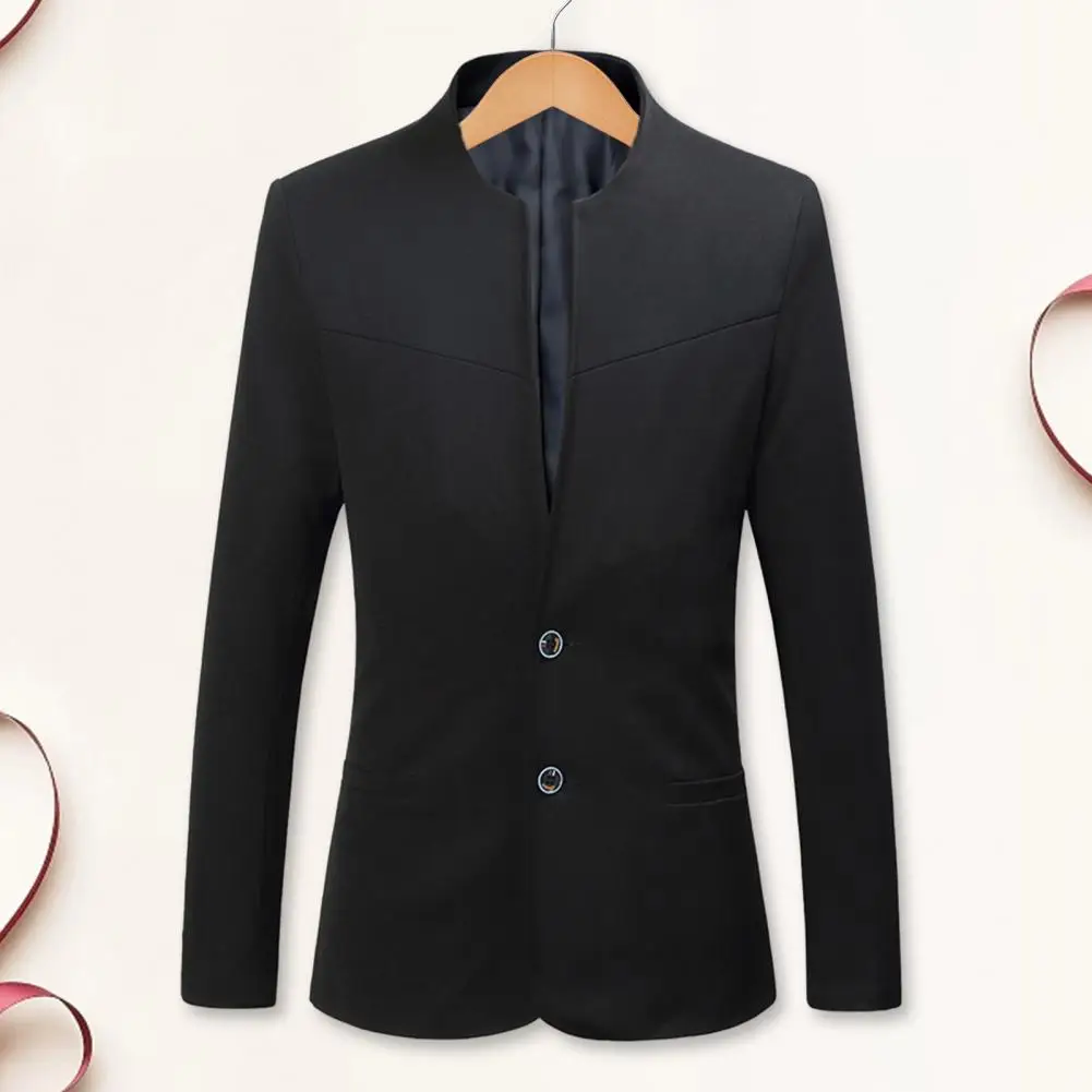 

Men Suit Jacket Fomal Stand Collar Long Sleeve Men Blazer Slim Fit Two Buttons Pockets Business Suit Coat Workwear