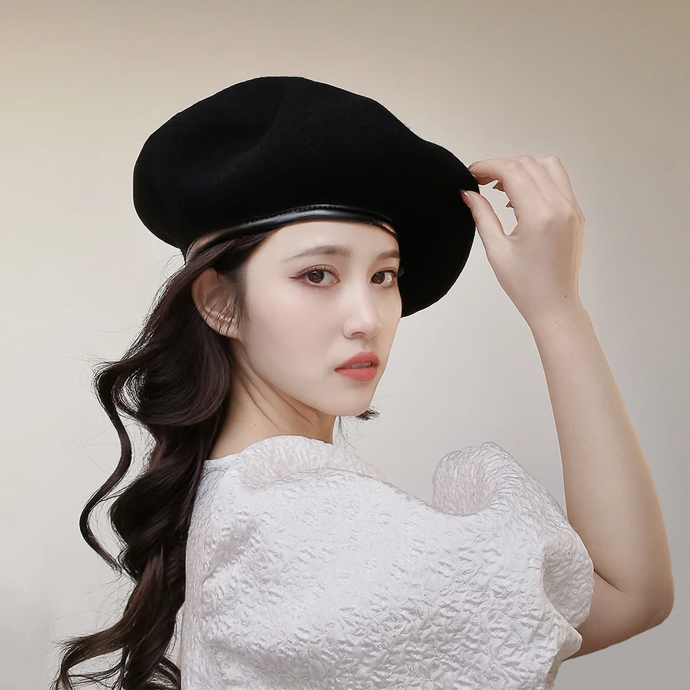 

Extra Big Size Wool Beret With PU Binding and Adjustable Ribbon Unisex 34cm Diameter