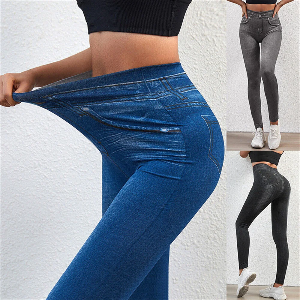 Women Jeggings Faux Denim Jeans Leggings High Waist Tummy Control Pencil Pants Sexy Plus