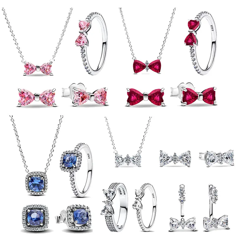 Hot selling new 925 sterling silver pink bow zircon ring block necklace earrings original charm jewelry set Christmas gift