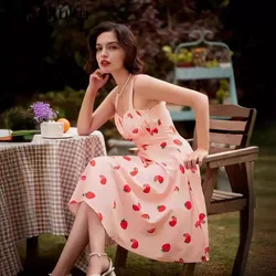 Strawberry Print Vintage Summer Dresses Women 2025 Holiday Outfits Womens Robe Femme Sexy Strap 1950s 60s Rockabilly Party Dress
