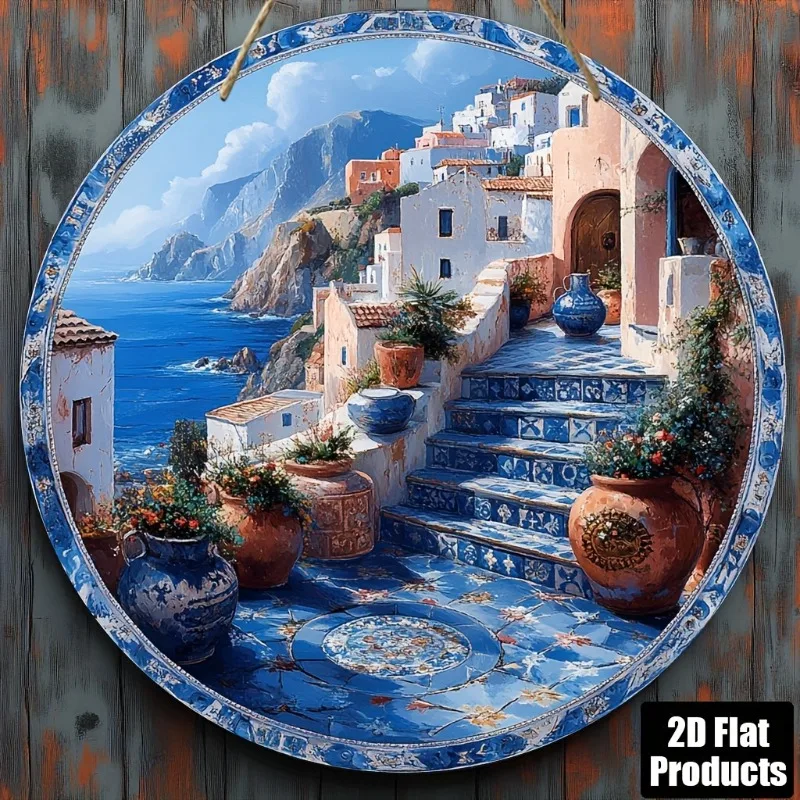 2D Metal Sign, Moroccan Blue Town Theme Wall Art, 8x8 Inch Metal Round Sign for Bar Kitchen Cafe Living Room Office Decor