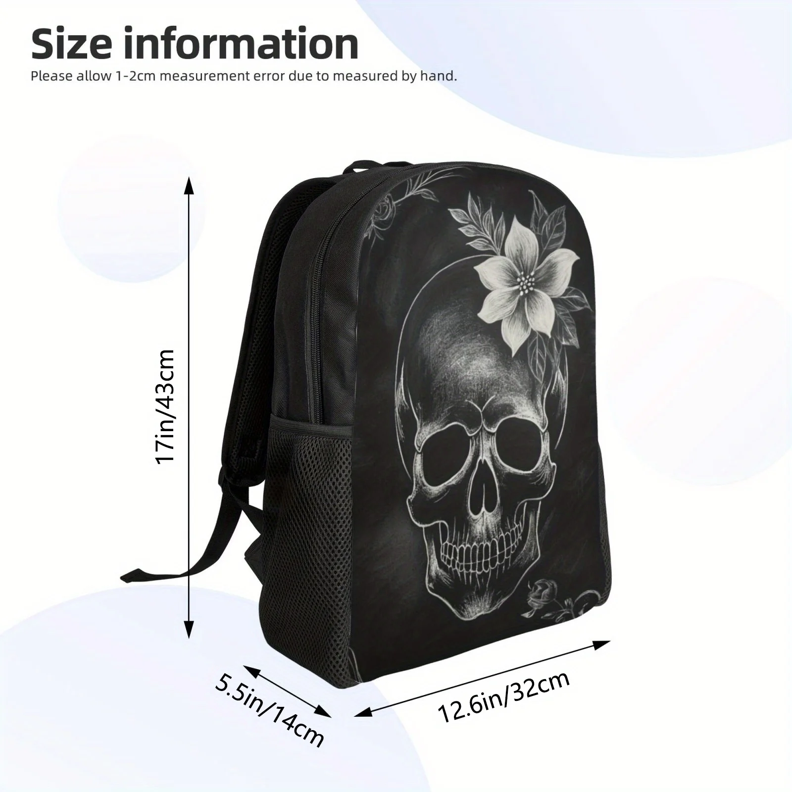 Mochila com estampa caveira preta elegante, material poliéster durável, espaçoso para viagens diárias, hangouts casuais e atividades ao ar livre