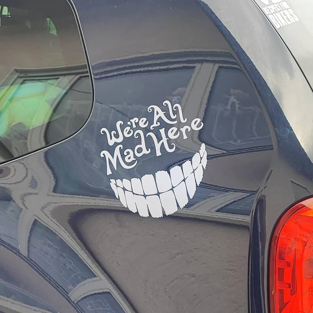 WE\'RE ALL MAD HERE With A BIG SNILE Car Stickers Fashion Waterproof Vinyl Decal Car Styling Decoration Accessories Auto Sticker