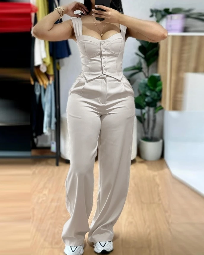 

Athleisure Two Piece Set Women Outfit 2025 Spring Thick Strap Button Front Slim Fit Tank Top High Waist Wide Leg Pants Set