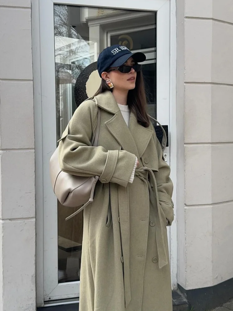 

Urban Solid Double Breasted Long Women Coat Loose Full Sleeve Belt Double Breasted Female Jacket 2025 Autumn Winter Lady Tops