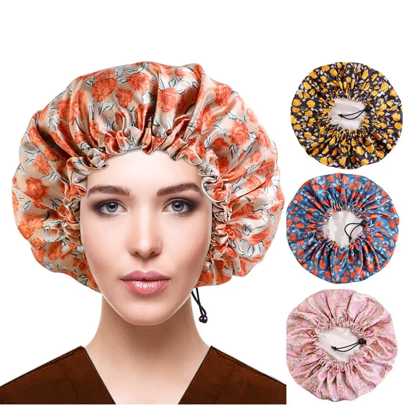 

Satin Floral Double Nightcap Adjustment Buckle Beauty Hair Care Cap Elastic Round Cap Chemotherapy Cap