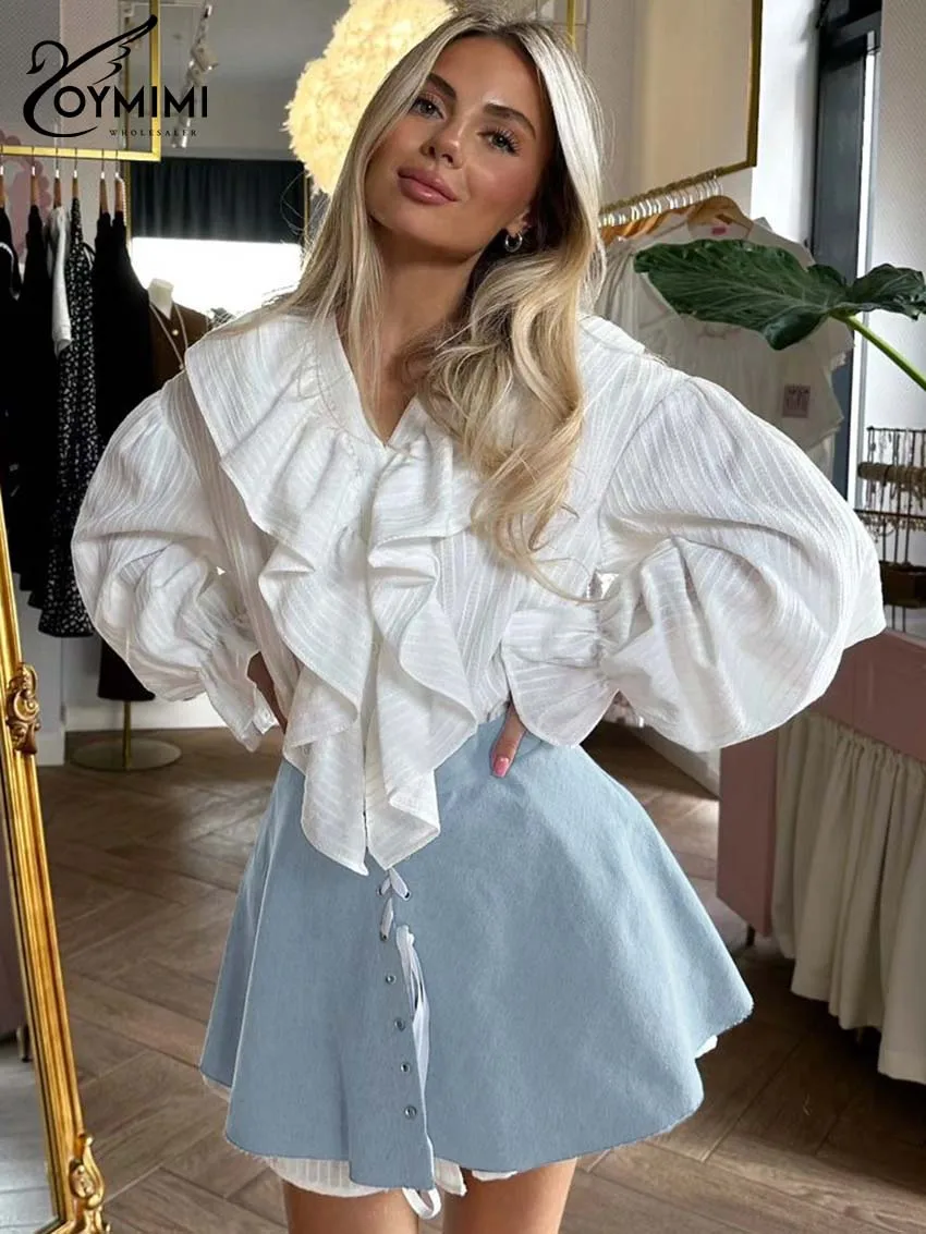 Oymimi Fashion Blue 2-częściowe zestawy damskie Eleganckie koszule z długim rękawem i bandażem w talii A-Line Mini spódniczki