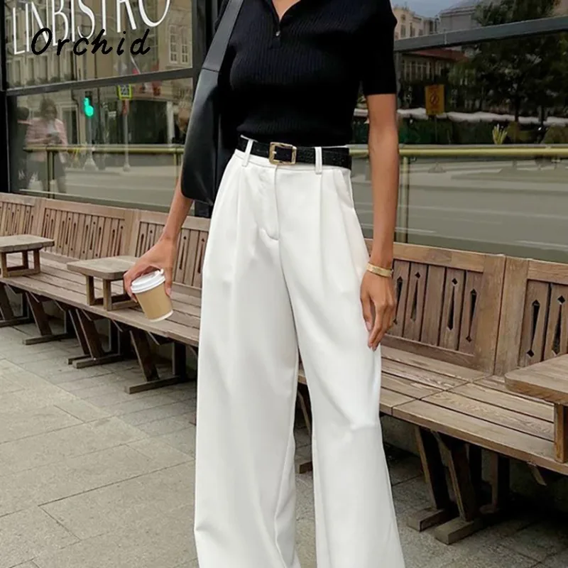Kantoor Dame Stijl Mode Effen Kleur Hoge Taille Pak Broek Vrouwen Casual Losse Wijde Pijpen Basics Volledige Lengte Witte Broek