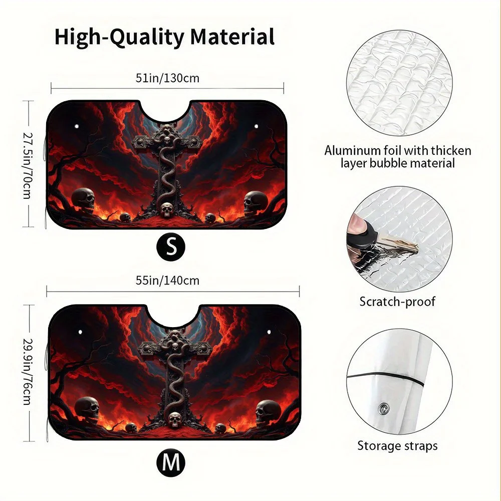 1pc, Car Sun Visor In Halloween Gothic Skull Cross Snake Art Style With Practical Foldable Function, Great For Autumn Road Trips