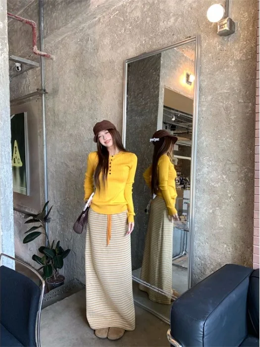 

Korean Style Casual Set Women's Spring 2026 New Long Sleeve Knitted High Waist Stripe Half Skirt Two Piece Set Fashionable Co...