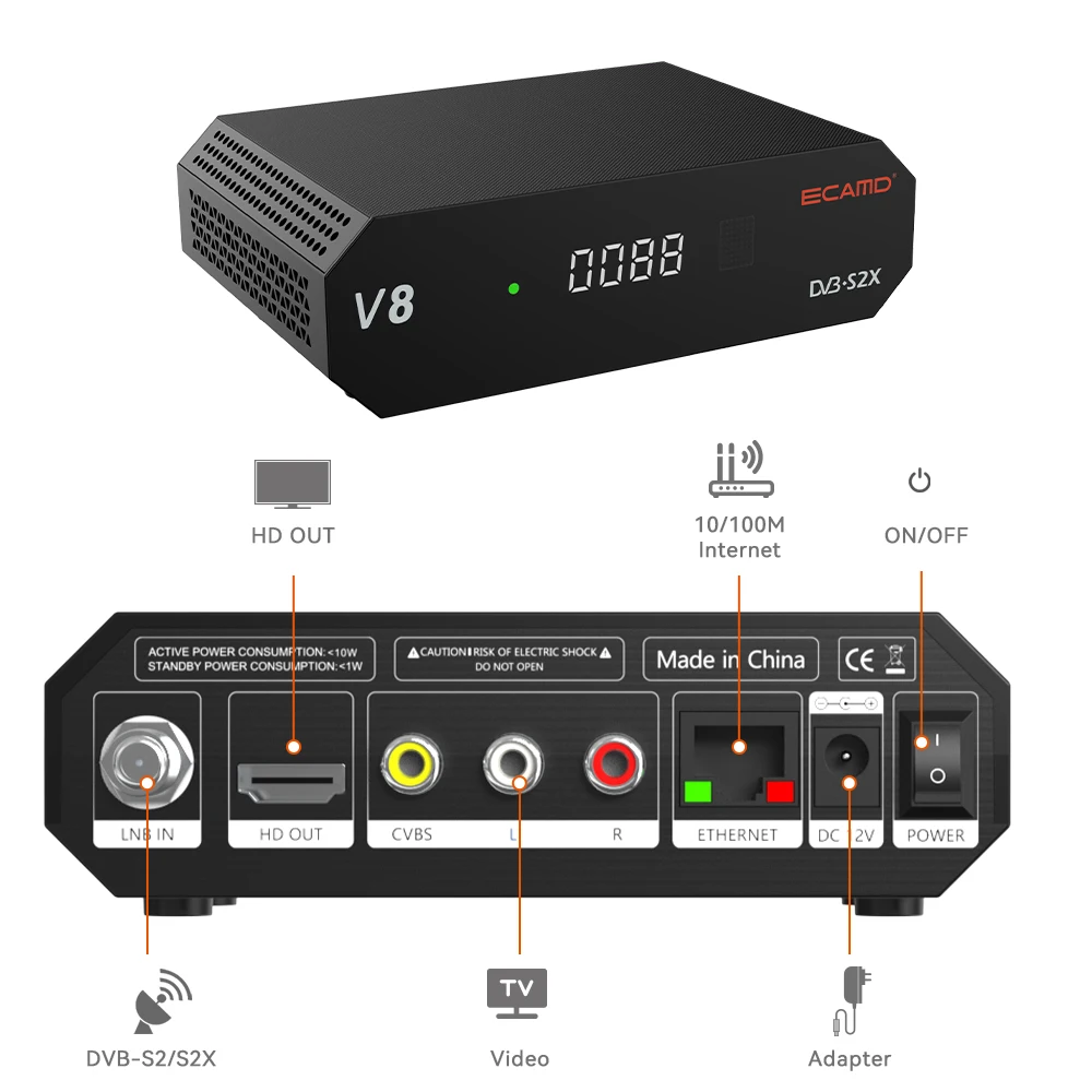 ECAMD V8 DVB-S/S2/S2X+AV HD Satellite Receiver Built-in 2.4G WIFI，v8 nova upgraded version adds support for Ecam TV BOX