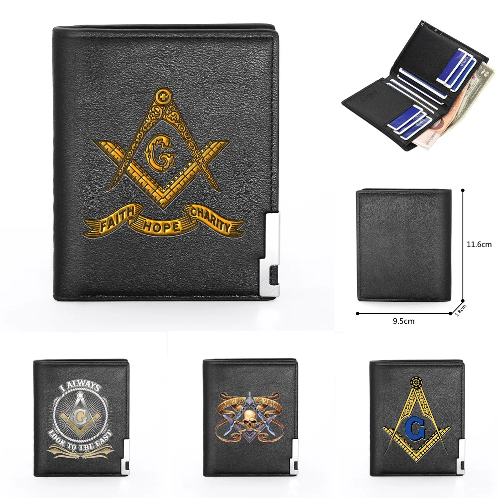 Classic Fashion Freemasonry Master Mason Theme Cover Men Women Leather Wallet Billfold Slim Credit Card Holders Short Purses