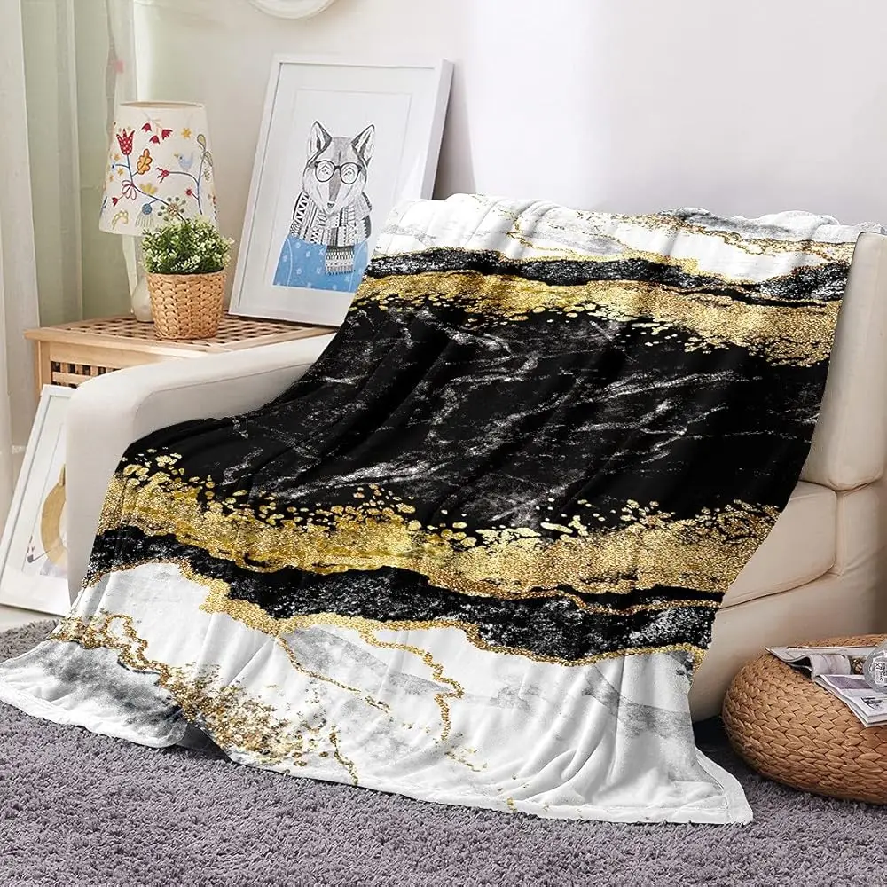 

Liquid Marble Blanket 3D Printed Bla Gray Gold Throw Blankets Marbling Pattern 50X60Inch Flannel Fleece Blankets Soft