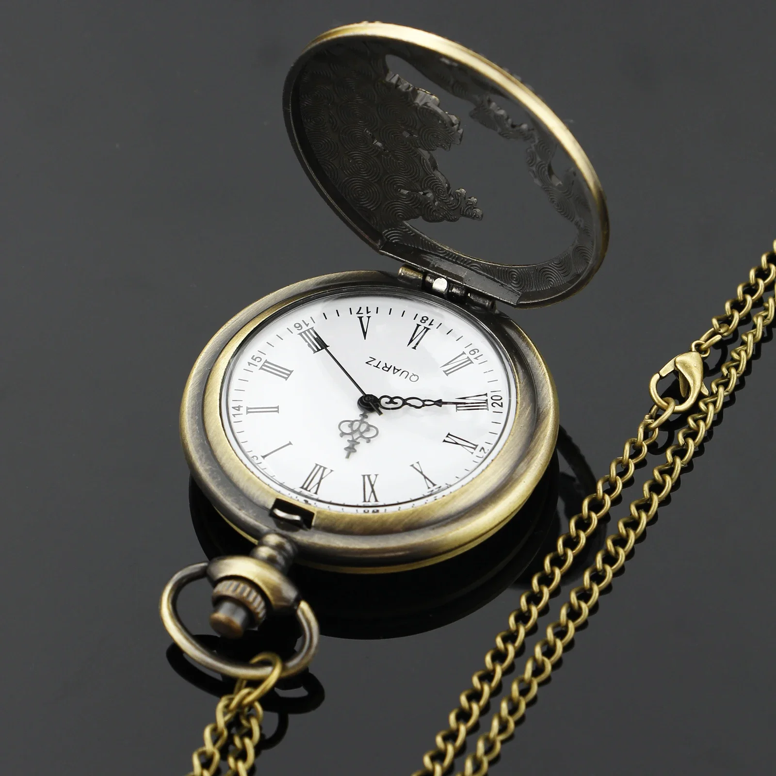 Vintage Steampunk Flying Dragon Embossed Hollow Digital Quartz Pocket Watch with Necklace Pandent Exquisite Gift for Male Women