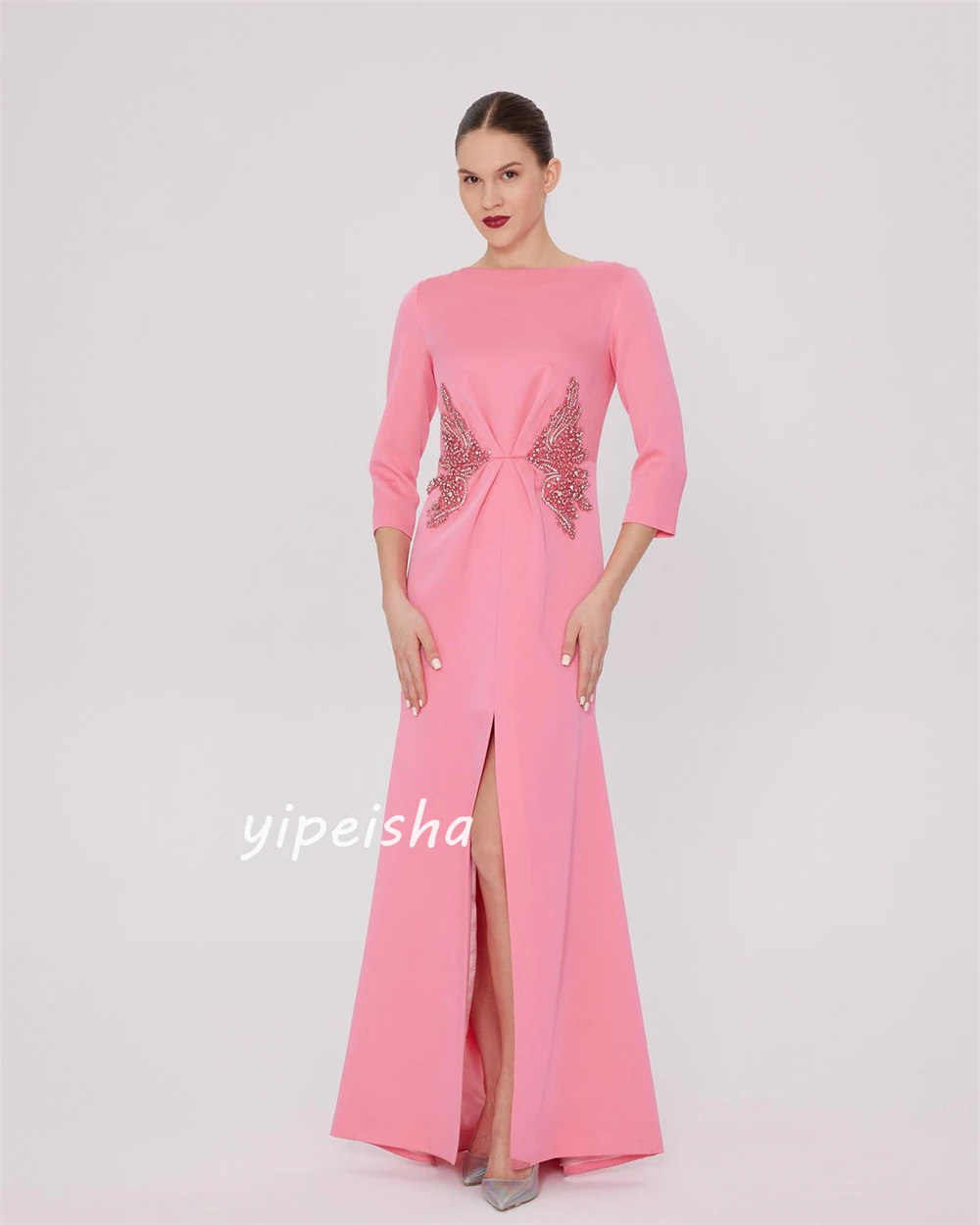 Jersey Sequined Beading Ruched Evening A-line High Collar Bespoke Occasion Gown Long Dresses