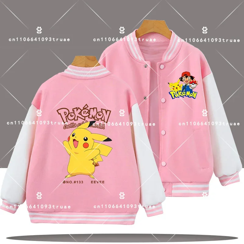 

Pokémon Cartoon Print - Spring/Autumn Coat -Girls' Casual Top 2026 New Pikachu Kids Baseball Shirt for Boys - Sports Jacket with
