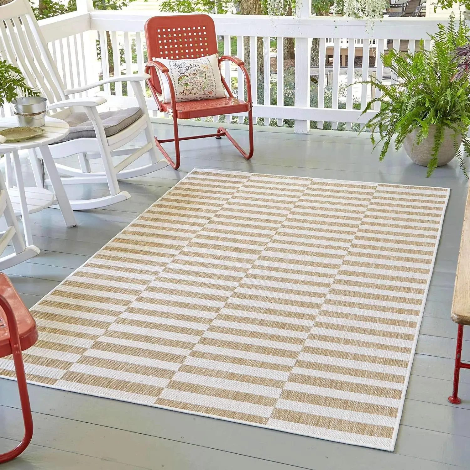 

Outdoor Striped Collection Area Rug - Striped (5' 1" x 8' Rectangle, Taupe/Ivory)