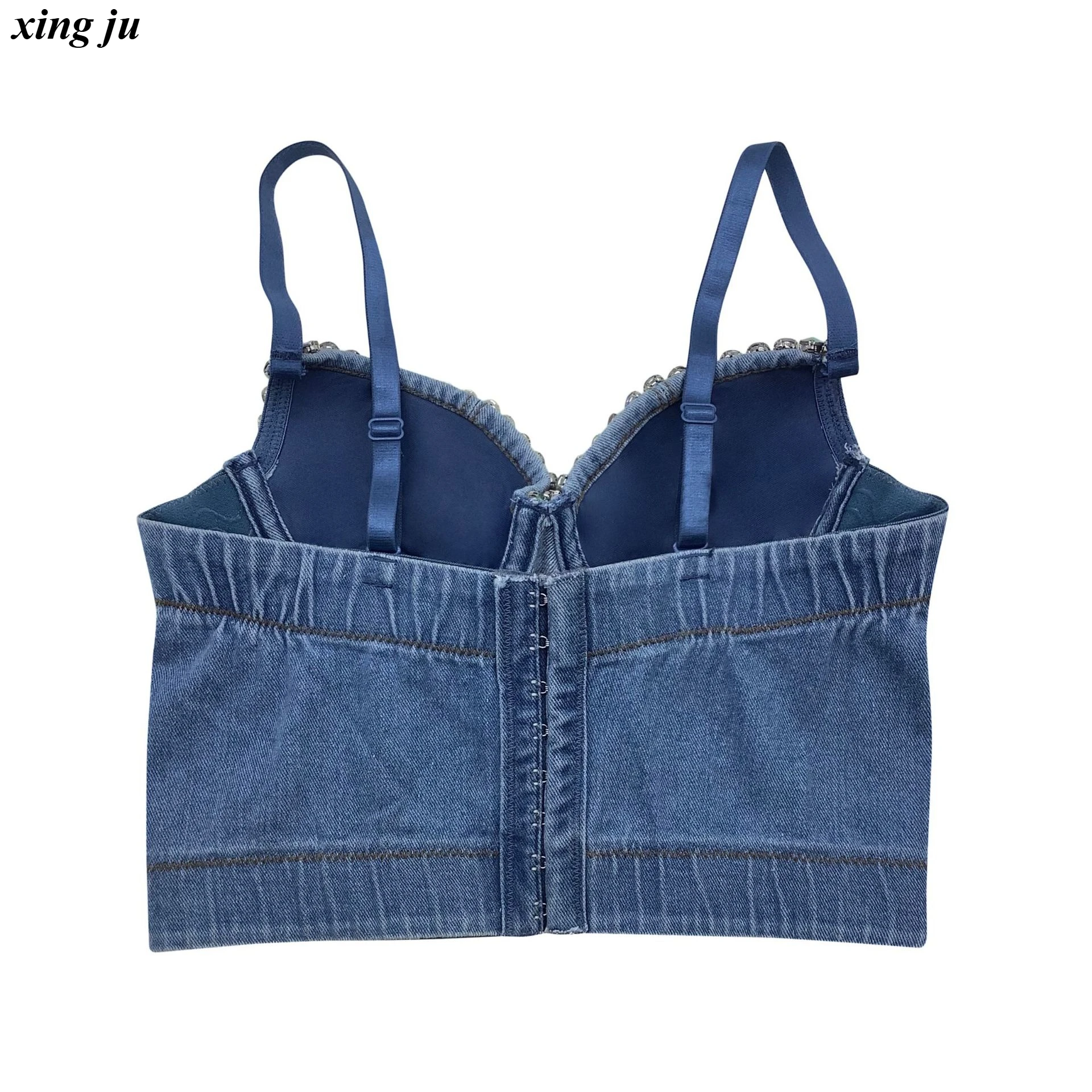 Xing Ju Nachtclub Sexy Denim Fishbone Sling Tops Jazzdans Backless Diamanten Klinknagels Korte Vest Vrouwen Stage Performance Kleding