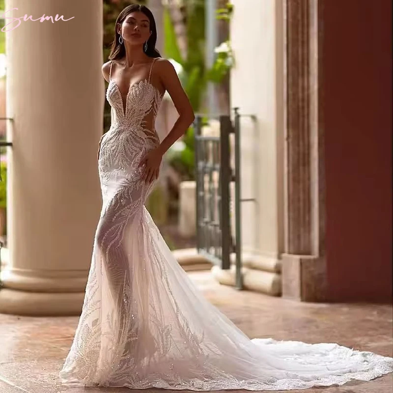 فاخر حورية البحر فستان الزفاف فستان الزفاف المطرزة الدانتيل الديكور مثير عارية الذراعين الخامس الرقبة حزام بلا أكمام Vestidos De Novia #3