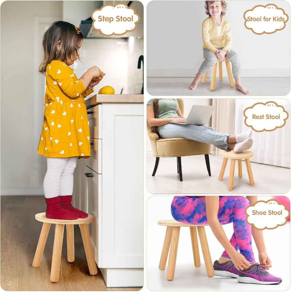 10 Inch Wooden Step Stools for Kids, Multi-Purpose Children Sitting Stool for Playroom Bathroom (Natural, 2 Pack)