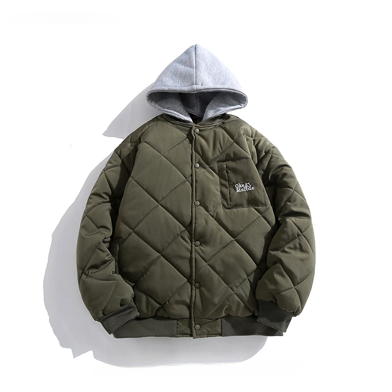 Men's Fake Two-piece Rhombus Plaid Embroidery Cotton Coat Autumn Winter Retro Detachable Hat Loose Parkas Single-breasted Jacket