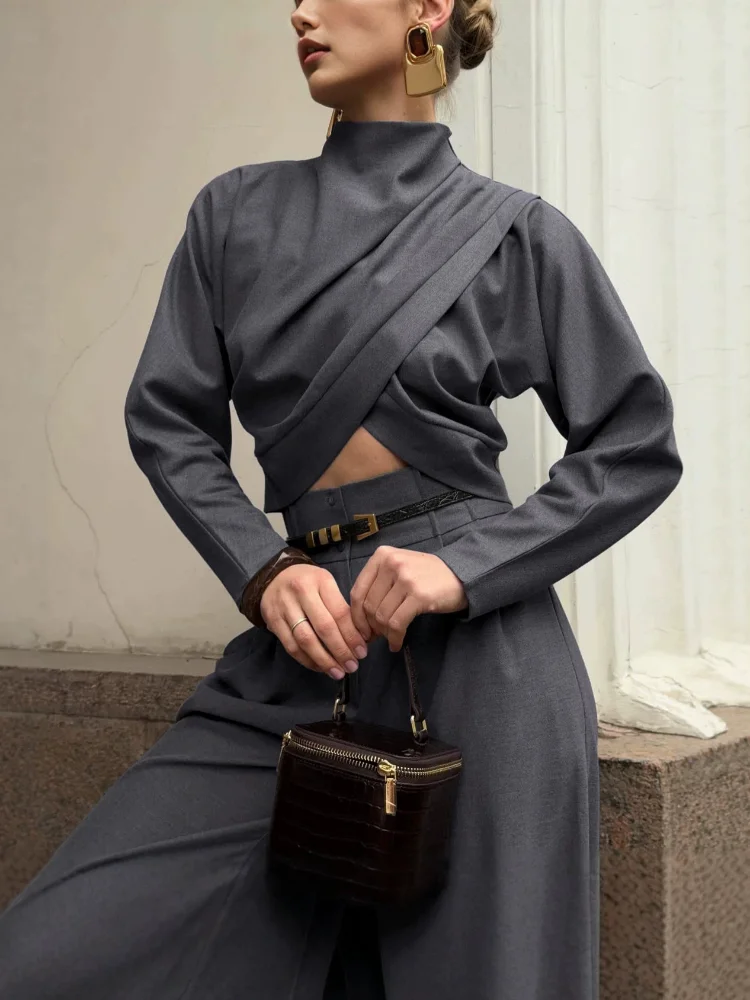 2026 Solid High Neck Cross Twist Two-Piece Set Drapey High-Waist Wide-Leg Long Pants Long Sleeve Set Urban Commute Fashion Wear