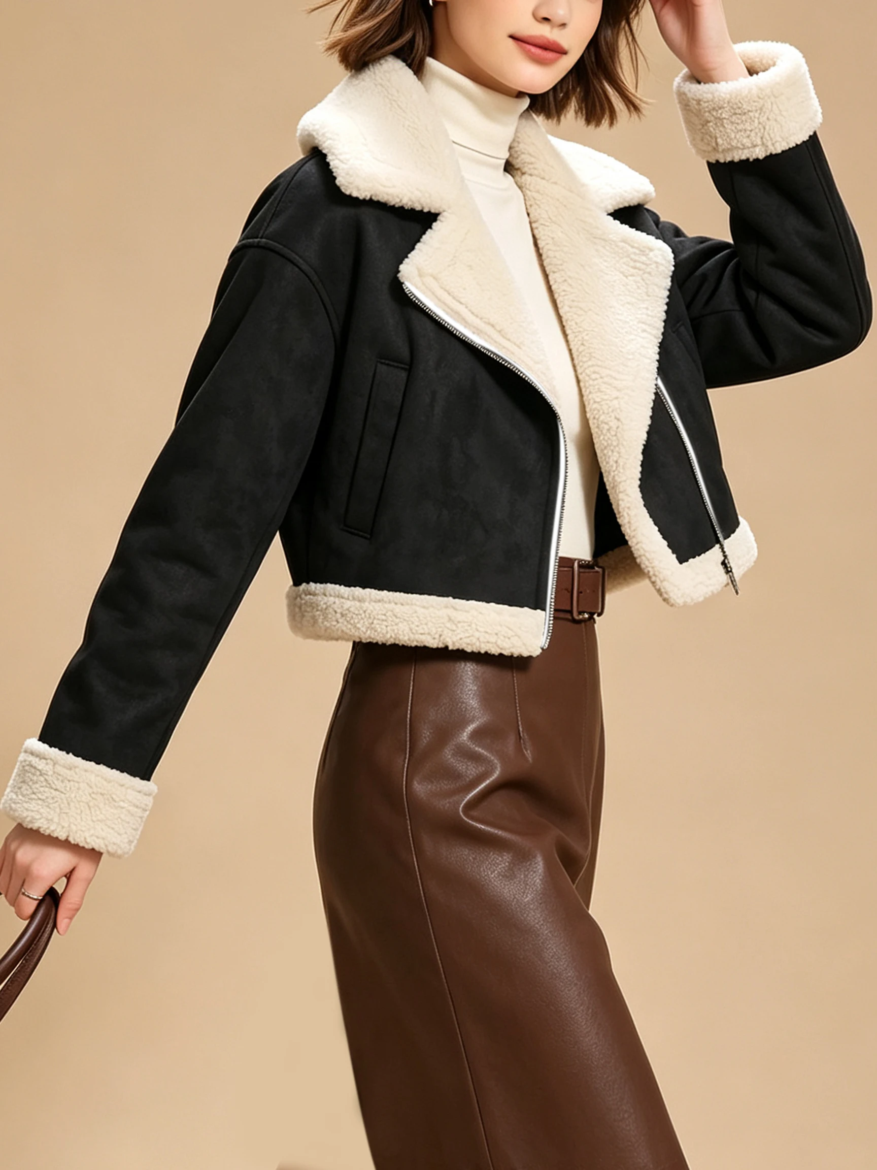 Damen Einfarbiger Mantel mit Kragen und Asymmetrischem Design, Reißverschluss, Kurze Länge, Herbst-Winter-Musikfestival-Jacke Neu 2026 – Detail 3