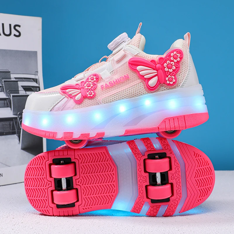 Butterfly USB Charging Led Light Roller Skate Shoes Wheels Removeable Sneakers Kids Shoes Light Up Sport Board Shoes Boys Girls