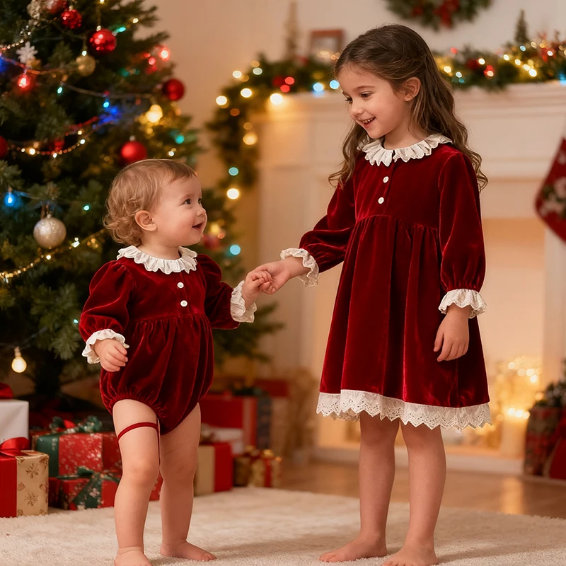 2025 New Year Clothing Sister Dress Lace Splice Romper 2-6Yrs Girl Party Dress Kids Princess Dresses Christmas Children Clothes
