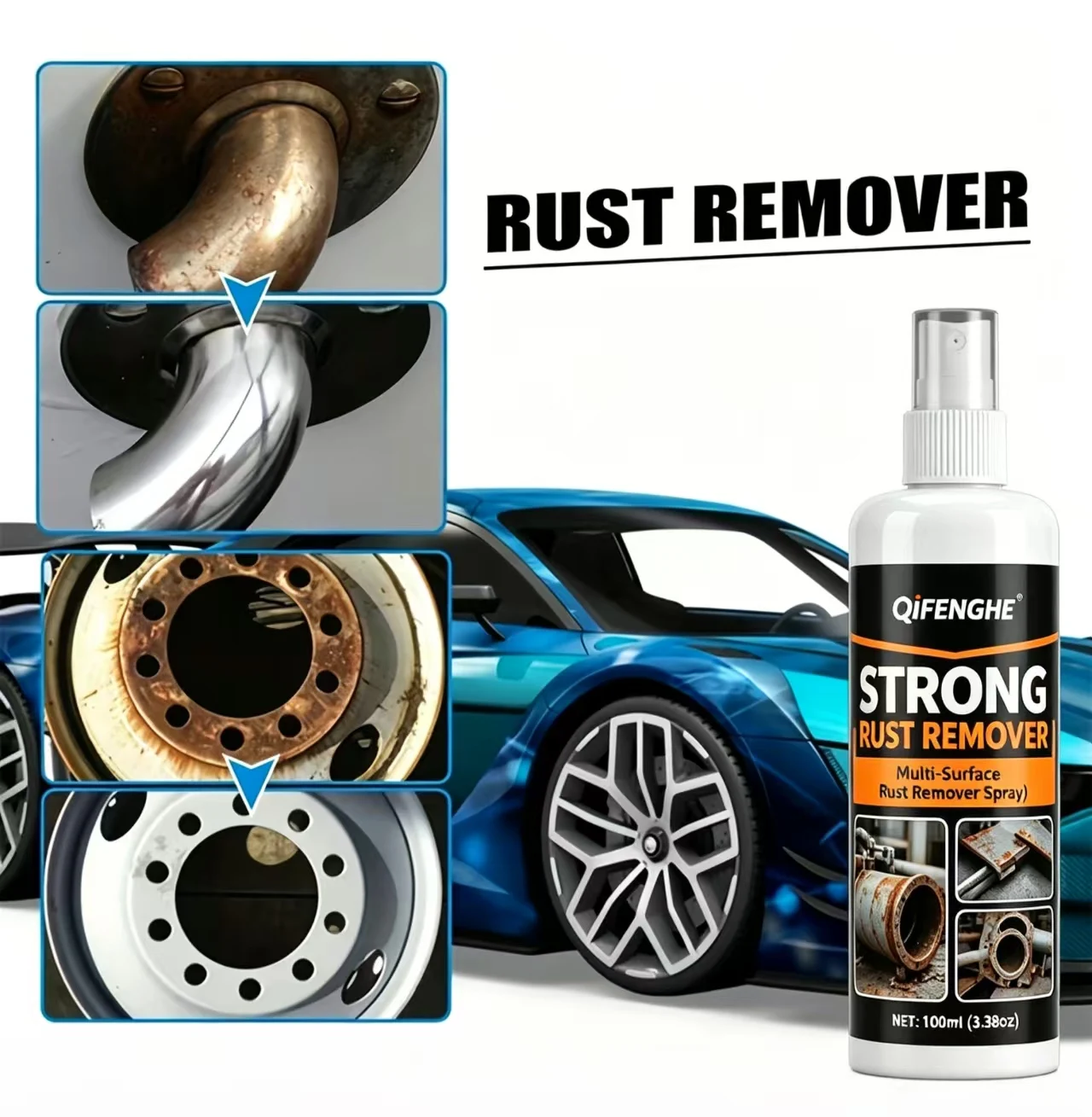 QiFENGHE 100ml Strong Rust Remover Spray, Fast-Acting Multi-Surface Rust Cleaner, Safe for Metal Tile Automotive Household Surfa