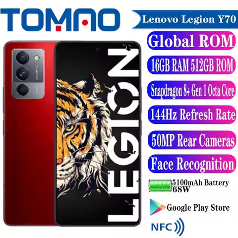 Global Rom Lenovo Legion Y70 Gaming SmartPhone Snapdragon 8+ Gen 1 Octa Core 6.67" 144Hz 5100mAh Battery 68W 50MP Rear Cameras
