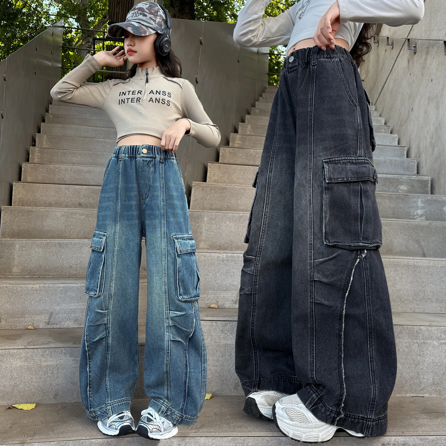 

School Young Children Straight Baggy Trousers 14Y Teenage Girls Wide Leg Cargo Jeans 2025 Autumn Fashion Kids Casual Denim Pants