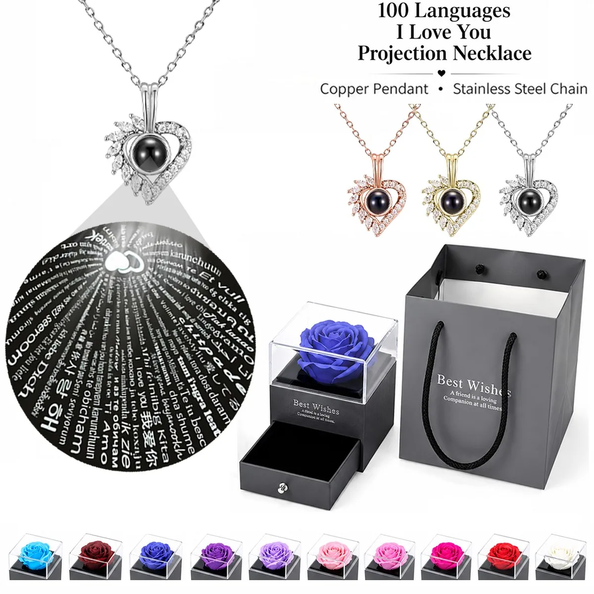 100 Languages Projection Pendant Heart Necklace For Women With Rose Gift Box Christmas Valentine Birthday Wedding Jewelry