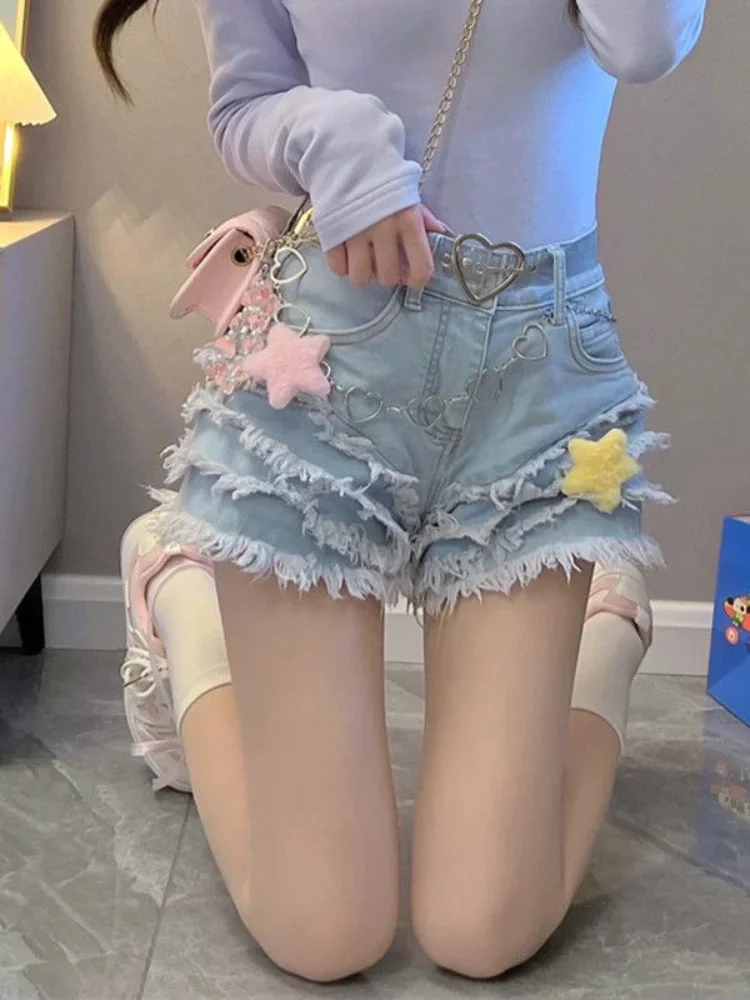 ADAgirl Blue Women\'s Denim Short Kawaii Summer Y2k Short Pants High Waist Hotsweet Shorts for Girls Japan Cutecore Clothing New